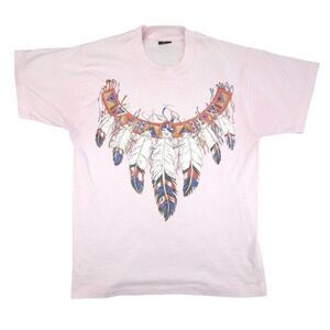 Vintage Native American T Shirt Mens Size Medium Pink 90s Southwestern Feathers
